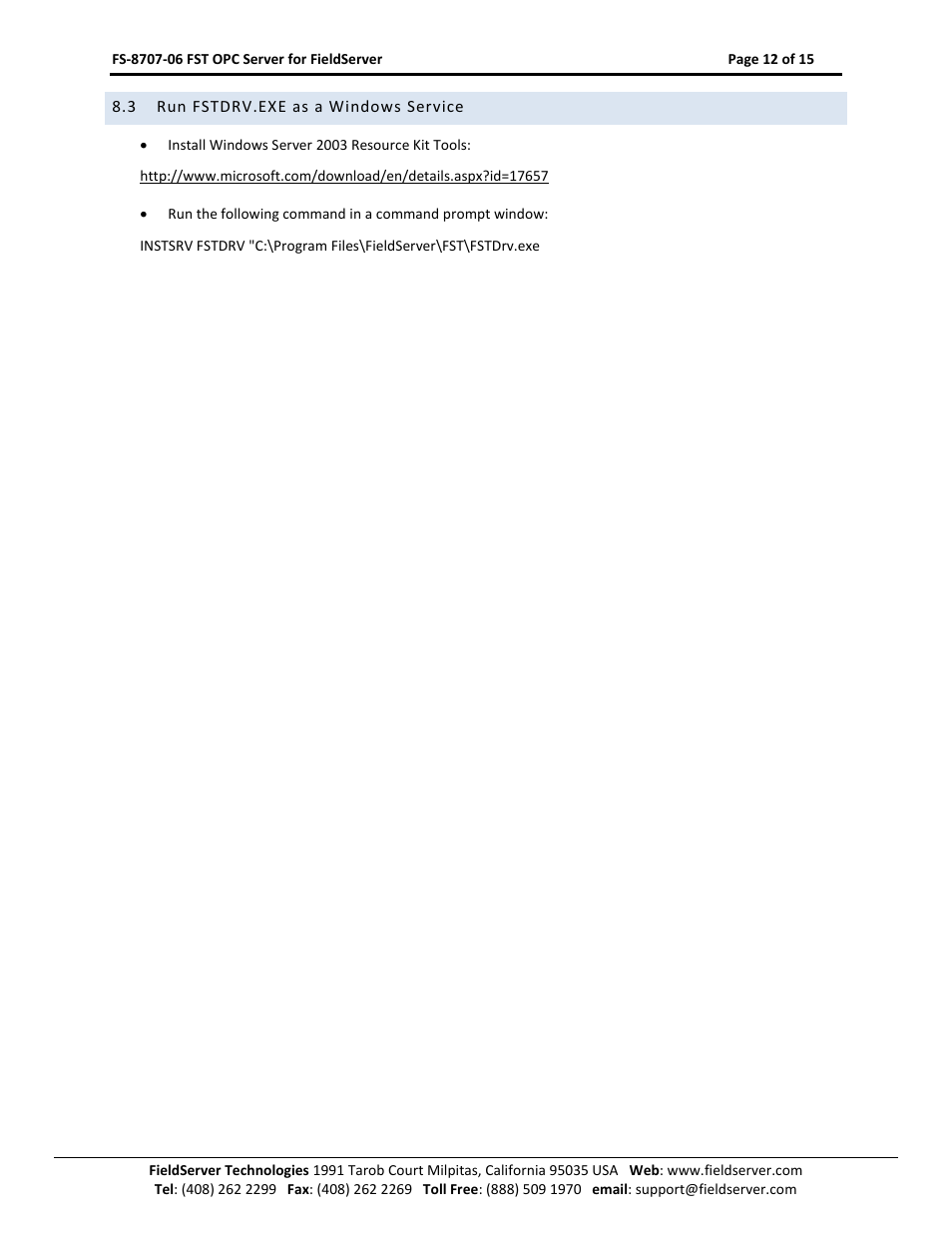 Run fstdrv.exe as a windows service | FieldServer FS-8707-06 User Manual | Page 12 / 15
