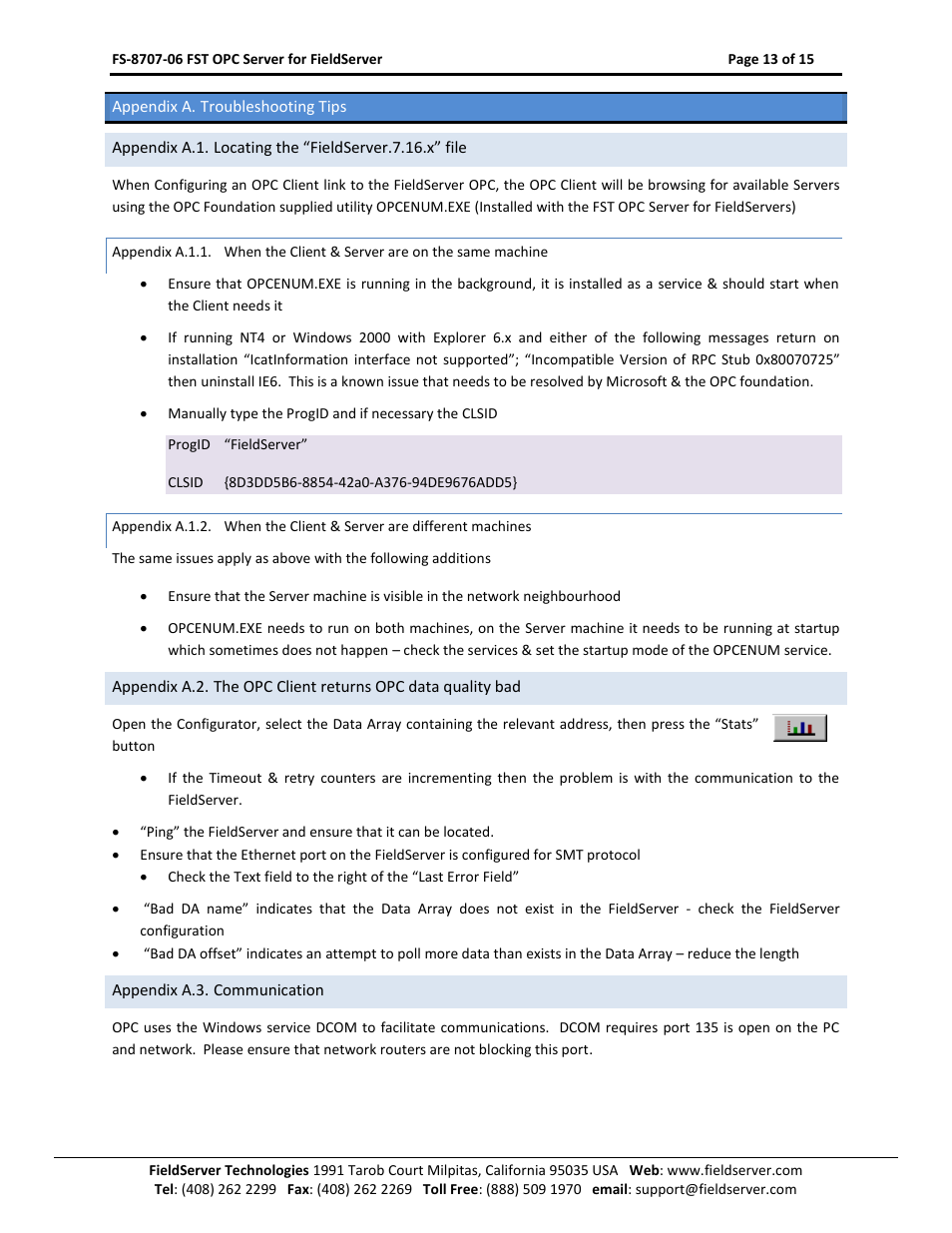 Appendix a. troubleshooting tips, Appendix a.1.1, When the client & server are on the same machine | Appendix a.1.2, When the client & server are different machines, Appendix a.3. communication | FieldServer FS-8707-06 User Manual | Page 13 / 15