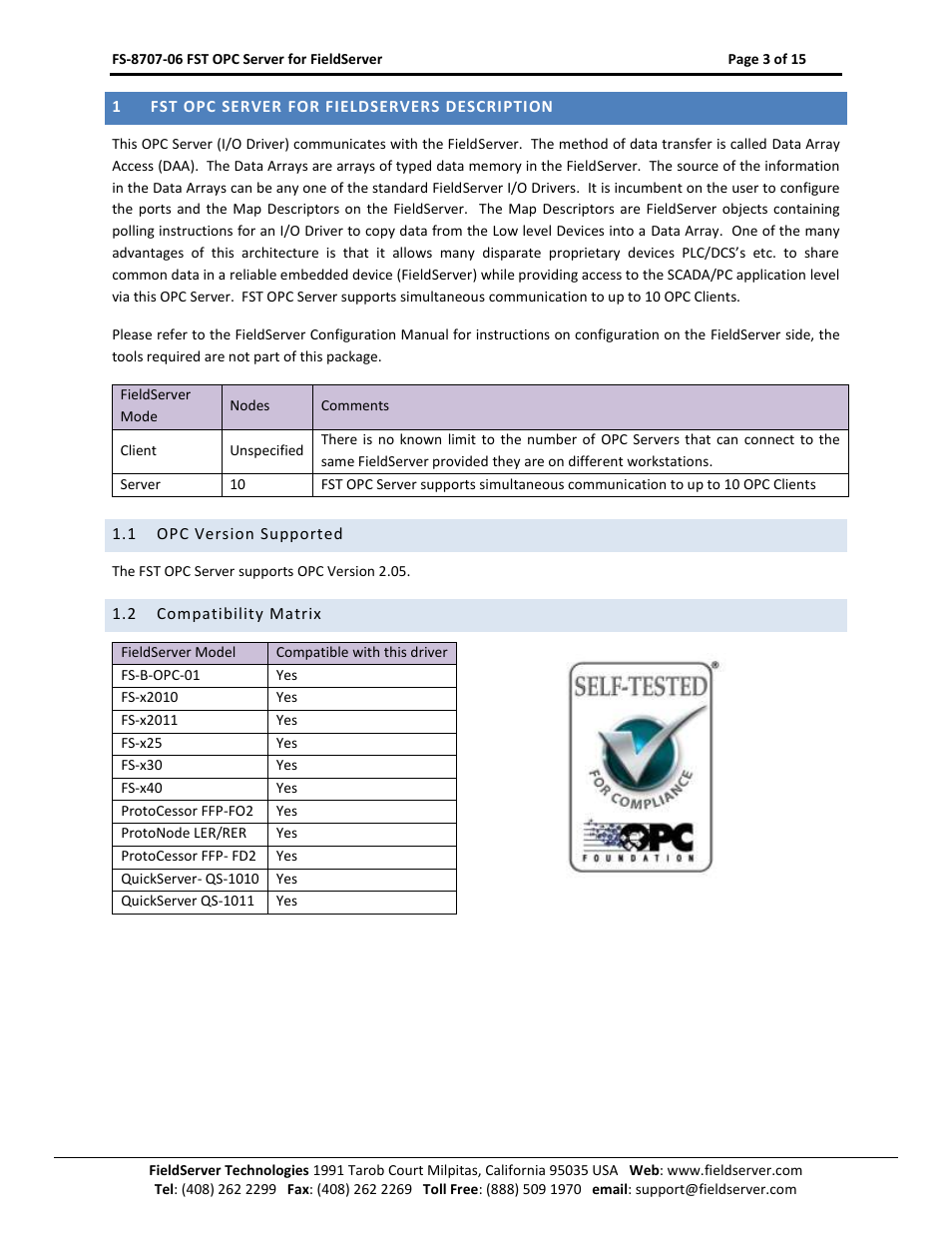Fst opc server for fieldservers description, Opc version supported, Compatibility matrix | FieldServer FS-8707-06 User Manual | Page 3 / 15