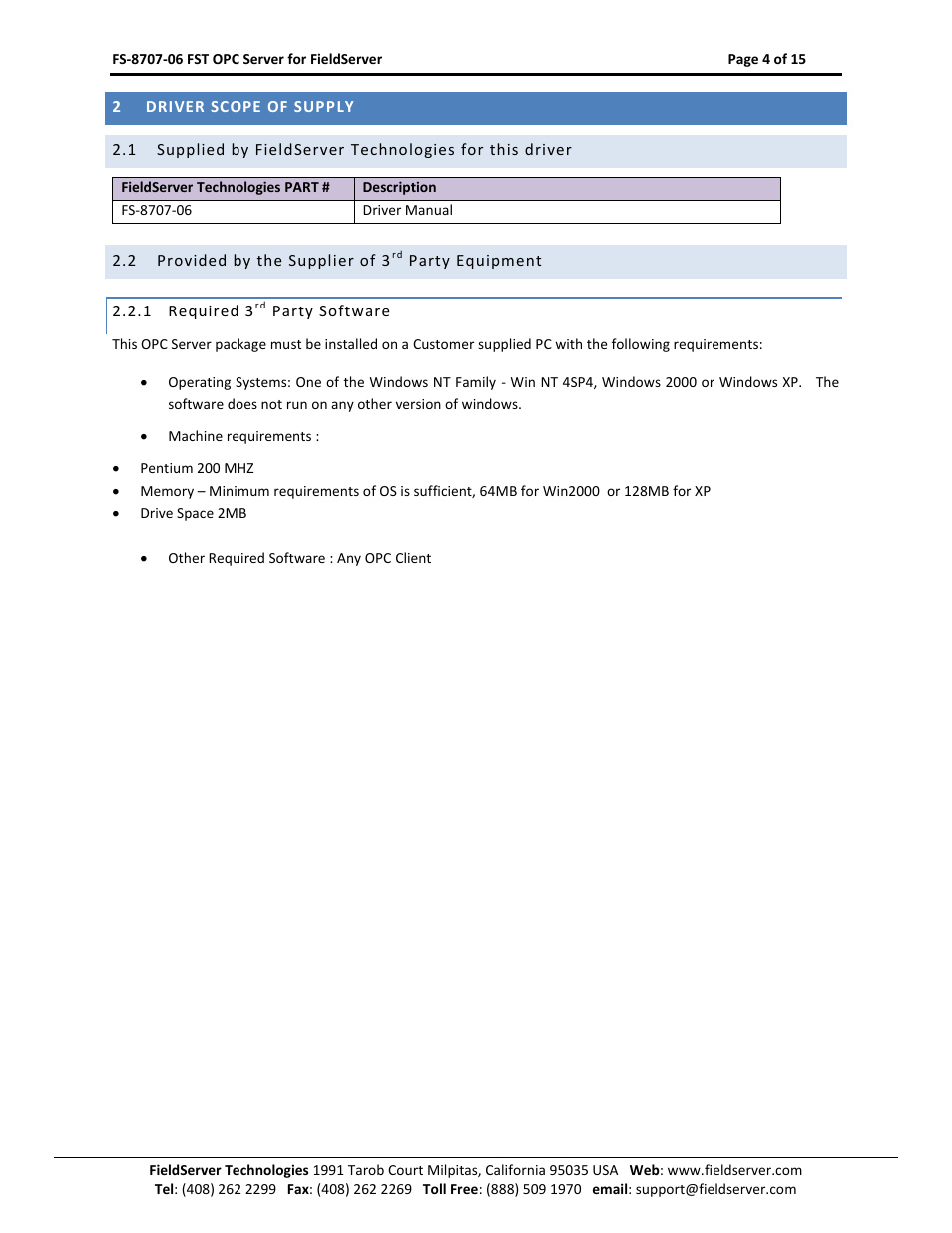 Driver scope of supply, Provided by the supplier of 3, Party equipment | Required 3, Party software | FieldServer FS-8707-06 User Manual | Page 4 / 15