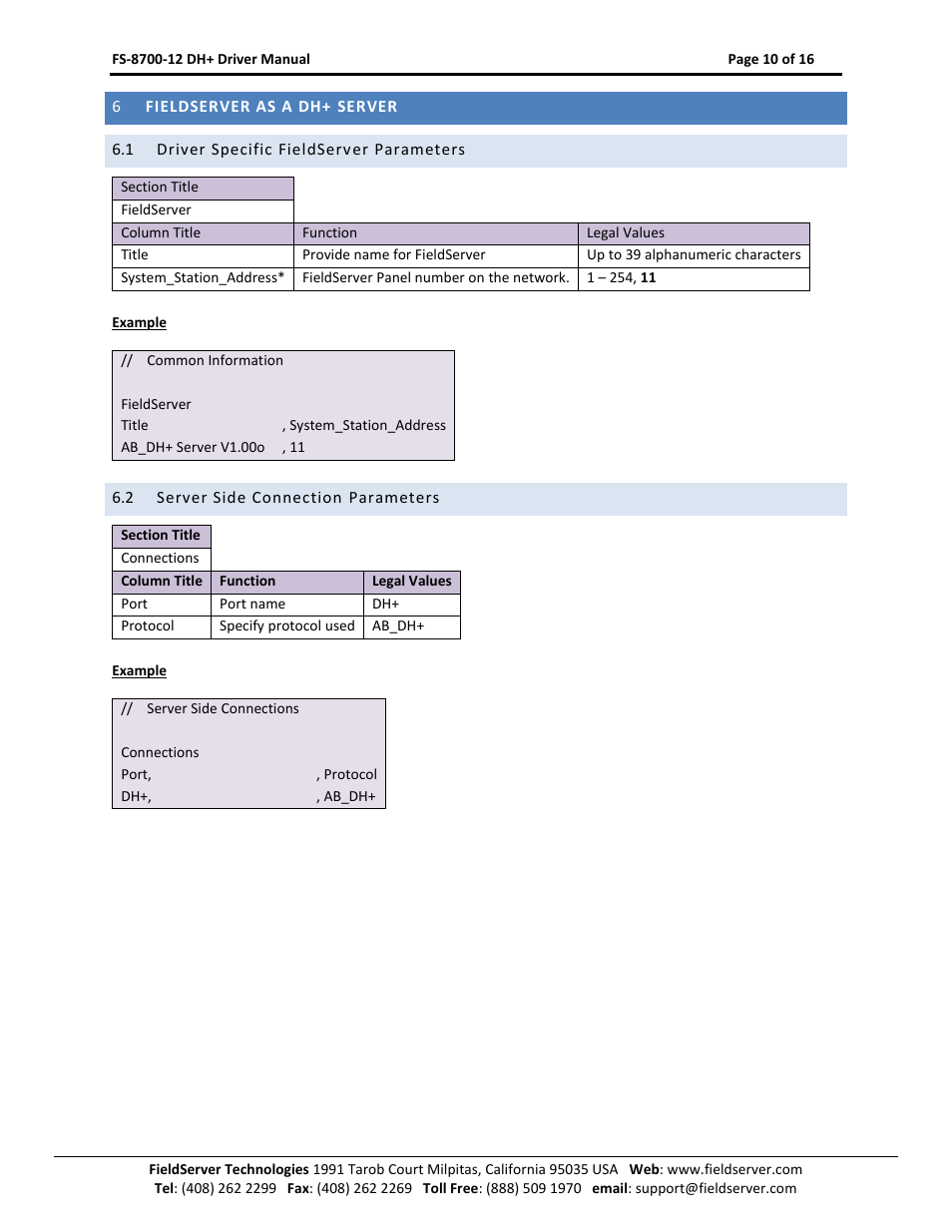 Fieldserver as a dh+ server, Driver specific fieldserver parameters, Server side connection parameters | FieldServer FS-8700-12 User Manual | Page 10 / 16