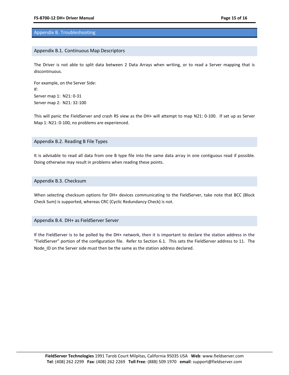 Appendix b. troubleshooting, Appendix b.1. continuous map descriptors, Appendix b.2. reading b file types | Appendix b.3. checksum, Appendix b.4. dh+ as fieldserver server | FieldServer FS-8700-12 User Manual | Page 15 / 16
