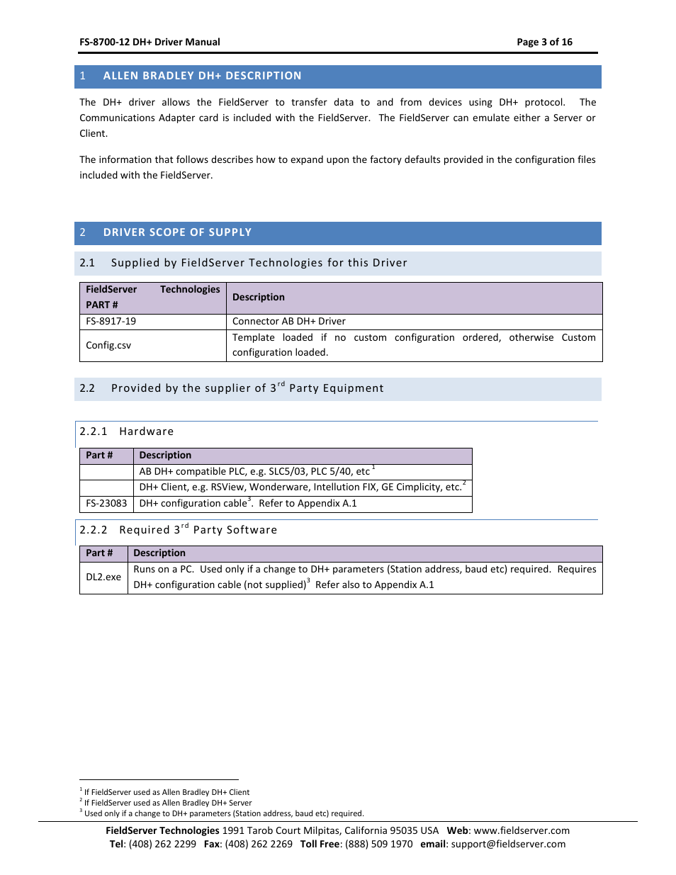 Allen bradley dh+ description, Driver scope of supply, Provided by the supplier of 3 | Party equipment, Hardware, Required 3, Party software | FieldServer FS-8700-12 User Manual | Page 3 / 16