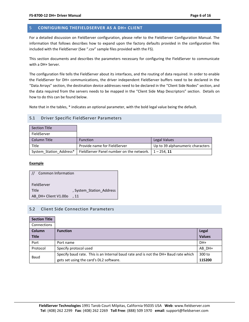 Configuring thefieldserver as a dh+ client, Driver specific fieldserver parameters, Client side connection parameters | FieldServer FS-8700-12 User Manual | Page 6 / 16