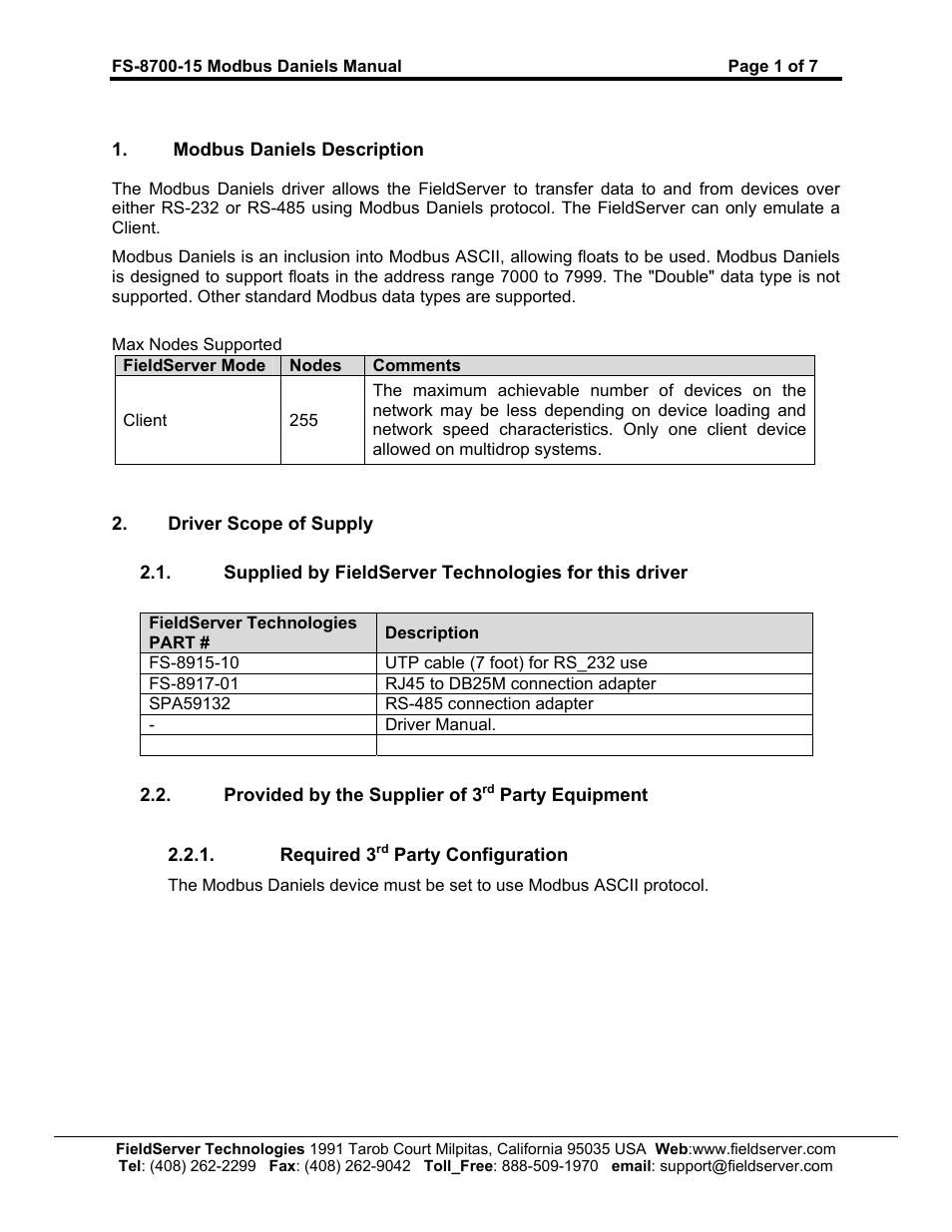 Modbus daniels description, Driver scope of supply, Provided by the supplier of 3rd party equipment | Required 3rd party configuration, Provided by the supplier of 3, Party equipment, Required 3, Party configuration | FieldServer Modbus Daniels FS-8700-15 User Manual | Page 3 / 9