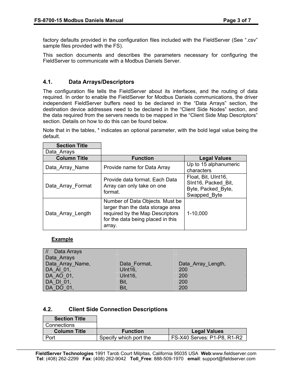 Data arrays/descriptors, Client side connection descriptions | FieldServer Modbus Daniels FS-8700-15 User Manual | Page 5 / 9
