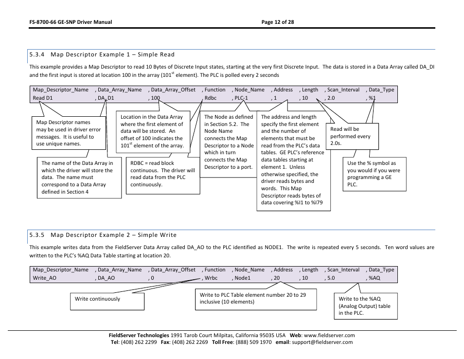 Map descriptor example 1 – simple read, Map descriptor example 2 – simple write | FieldServer FS-8700-66 User Manual | Page 12 / 28