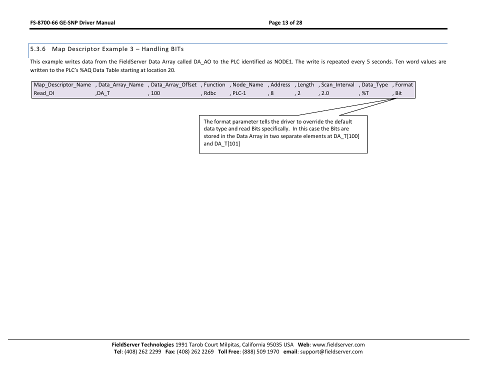 Map descriptor example 3 – handling bits | FieldServer FS-8700-66 User Manual | Page 13 / 28