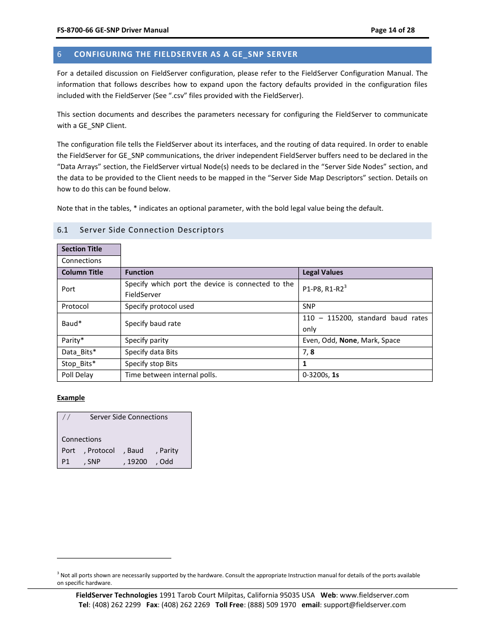 Configuring the fieldserver as a ge_snp server, Server side connection descriptors | FieldServer FS-8700-66 User Manual | Page 14 / 28