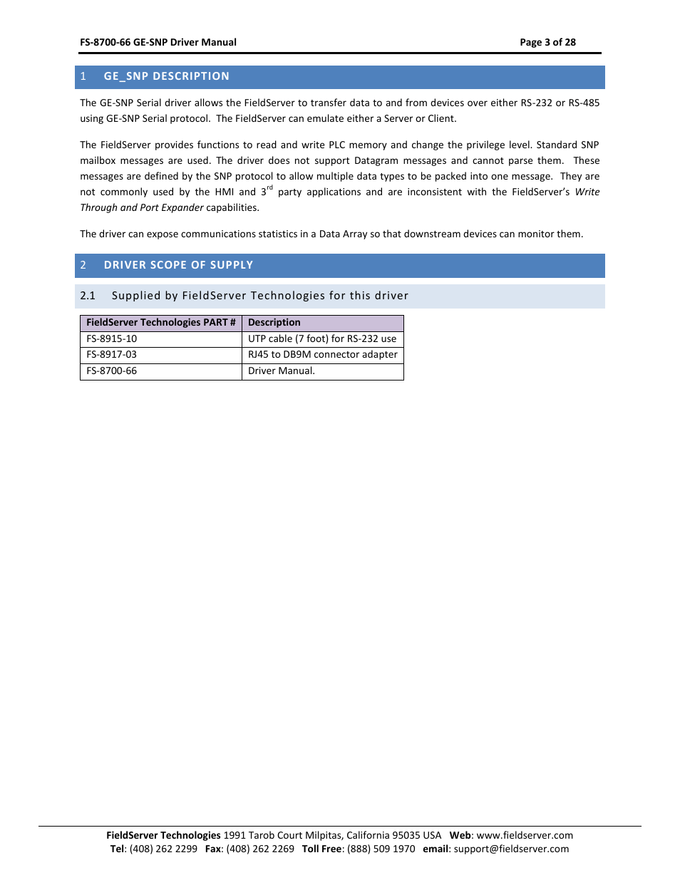 Ge_snp description, Driver scope of supply | FieldServer FS-8700-66 User Manual | Page 3 / 28