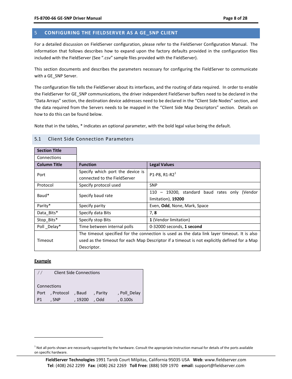 Configuring the fieldserver as a ge_snp client, Client side connection parameters | FieldServer FS-8700-66 User Manual | Page 8 / 28