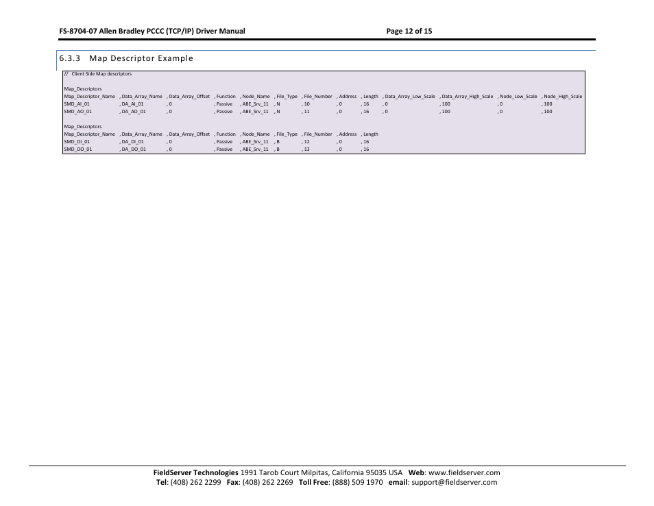 Map descriptor example, 3 map descriptor example | FieldServer FS-8704-07 User Manual | Page 12 / 15