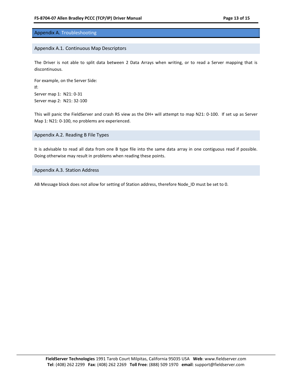 Appendix a. troubleshooting, Appendix a.1. continuous map descriptors, Appendix a.2. reading b file types | Appendix a.3. station address | FieldServer FS-8704-07 User Manual | Page 13 / 15