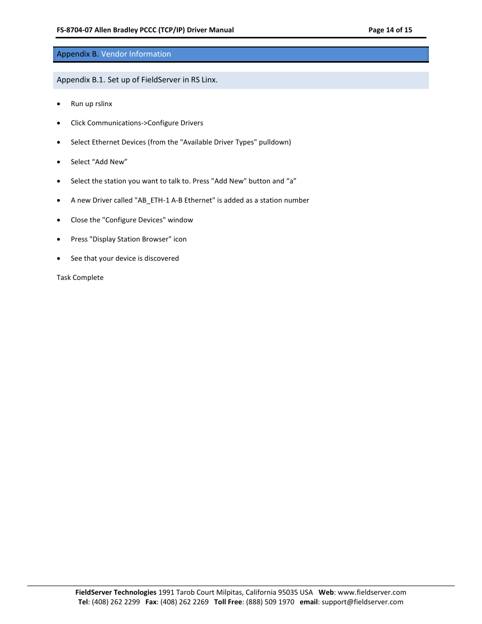 Appendix b. vendor information, Appendix b.1. set up of fieldserver in rs linx | FieldServer FS-8704-07 User Manual | Page 14 / 15