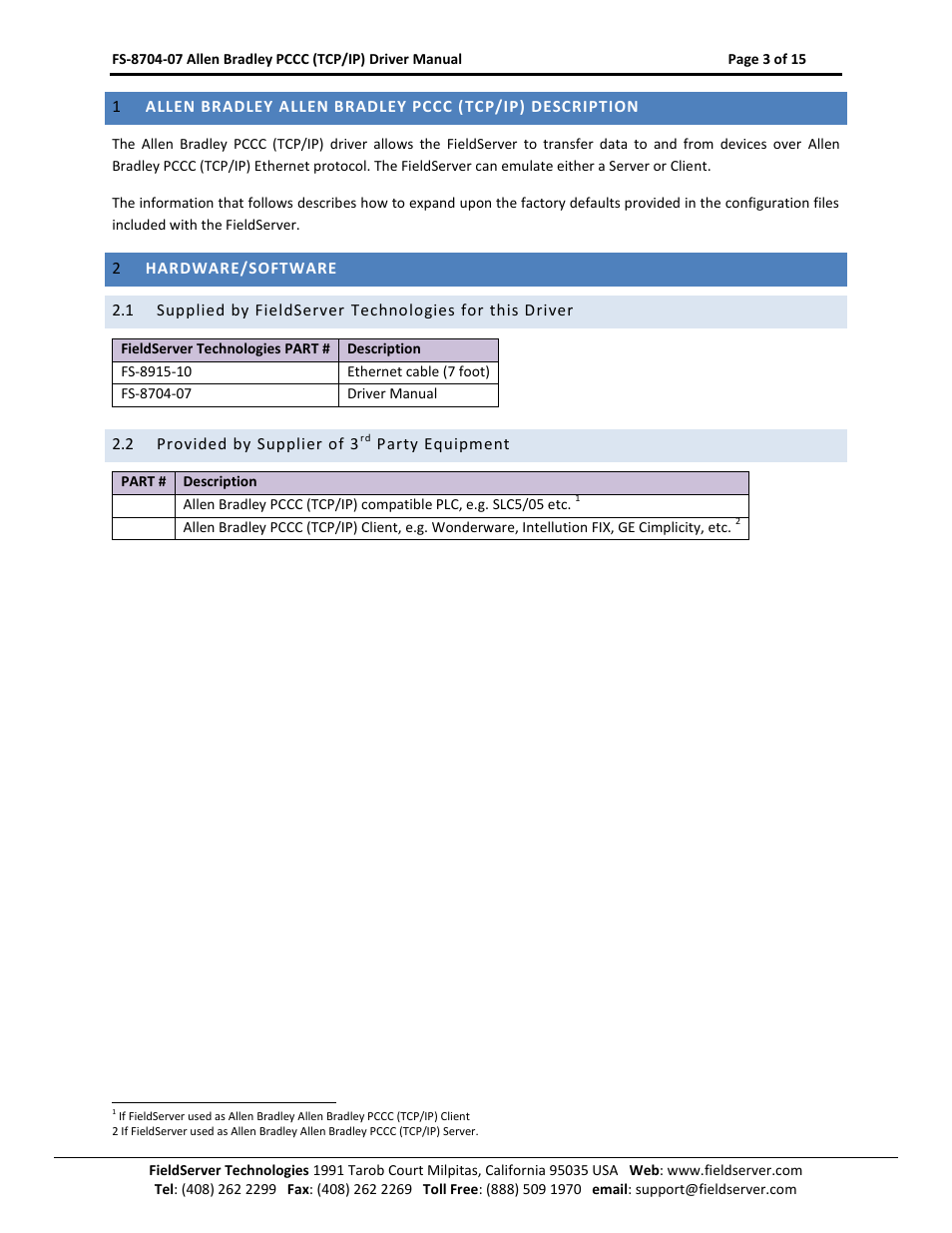 Hardware/software, Provided by supplier of 3, Party equipment | FieldServer FS-8704-07 User Manual | Page 3 / 15