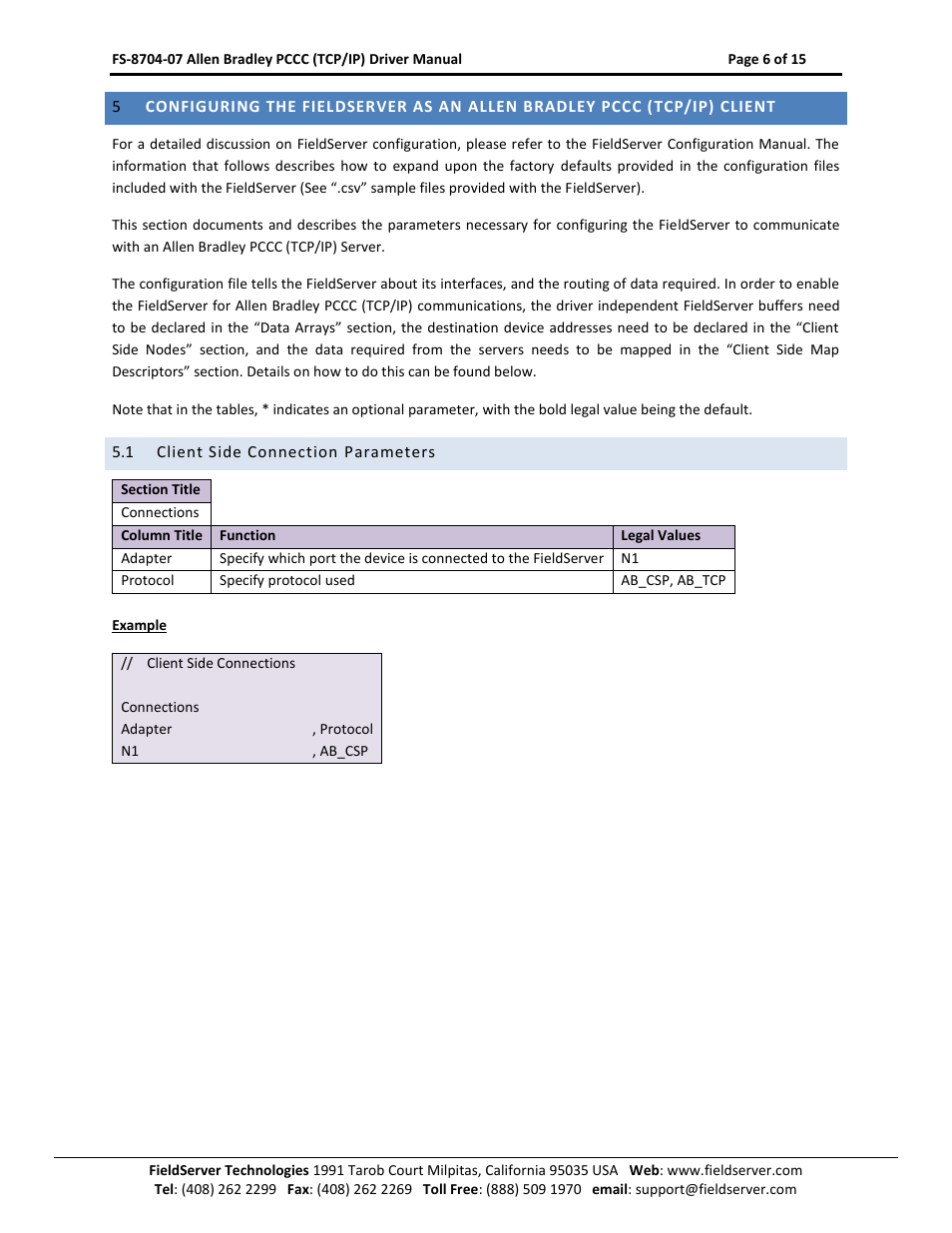 Client side connection parameters | FieldServer FS-8704-07 User Manual | Page 6 / 15