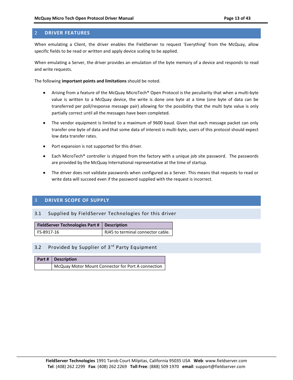 Driver features, Driver scope of supply, Provided by supplier of 3 | Party equipment | FieldServer FS-8700-80 User Manual | Page 13 / 43