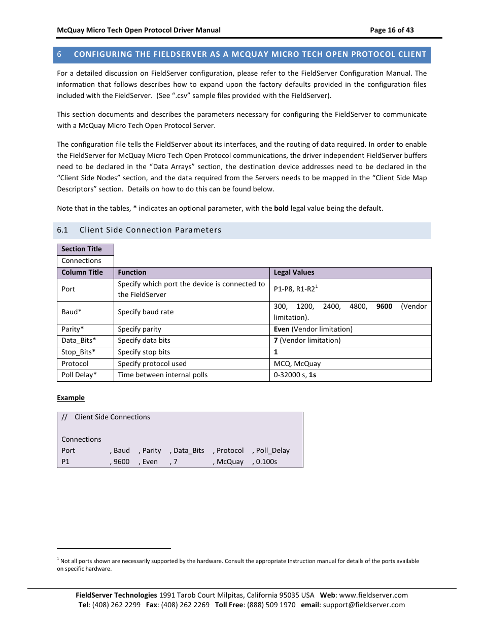 Client side connection parameters | FieldServer FS-8700-80 User Manual | Page 16 / 43