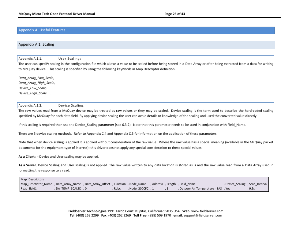 Appendix a. useful features, Appendix a.1. scaling, Appendix a.1.1 | User scaling, Appendix a.1.2, Device scaling | FieldServer FS-8700-80 User Manual | Page 25 / 43