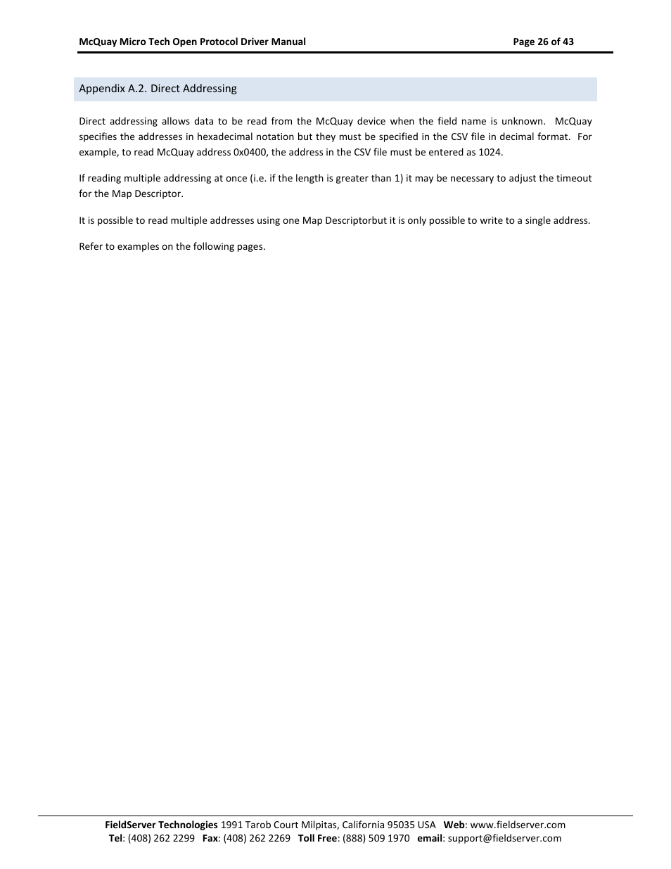 Appendix a.2. direct addressing, Appendix a.2 f, Appendix a.2 | FieldServer FS-8700-80 User Manual | Page 26 / 43