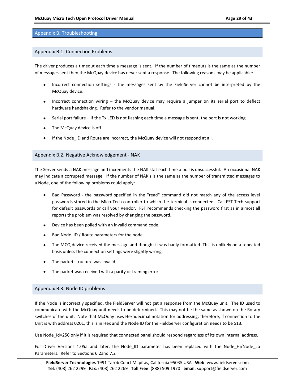 Appendix b. troubleshooting, Appendix b.1. connection problems, Appendix b.2. negative acknowledgement - nak | Appendix b.3. node id problems | FieldServer FS-8700-80 User Manual | Page 29 / 43