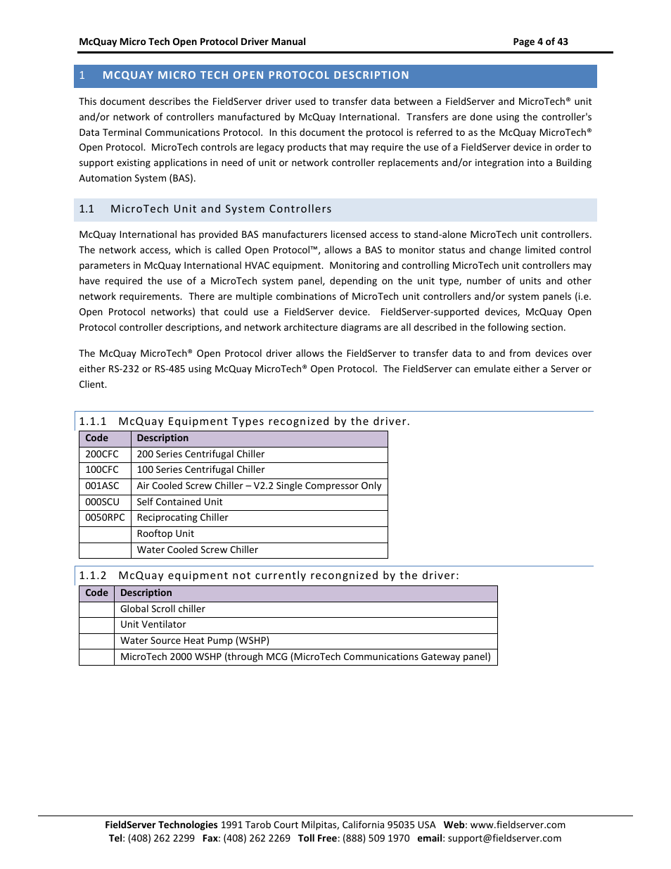 Mcquay micro tech open protocol description, Microtech unit and system controllers, Mcquay equipment types recognized by the driver | FieldServer FS-8700-80 User Manual | Page 4 / 43