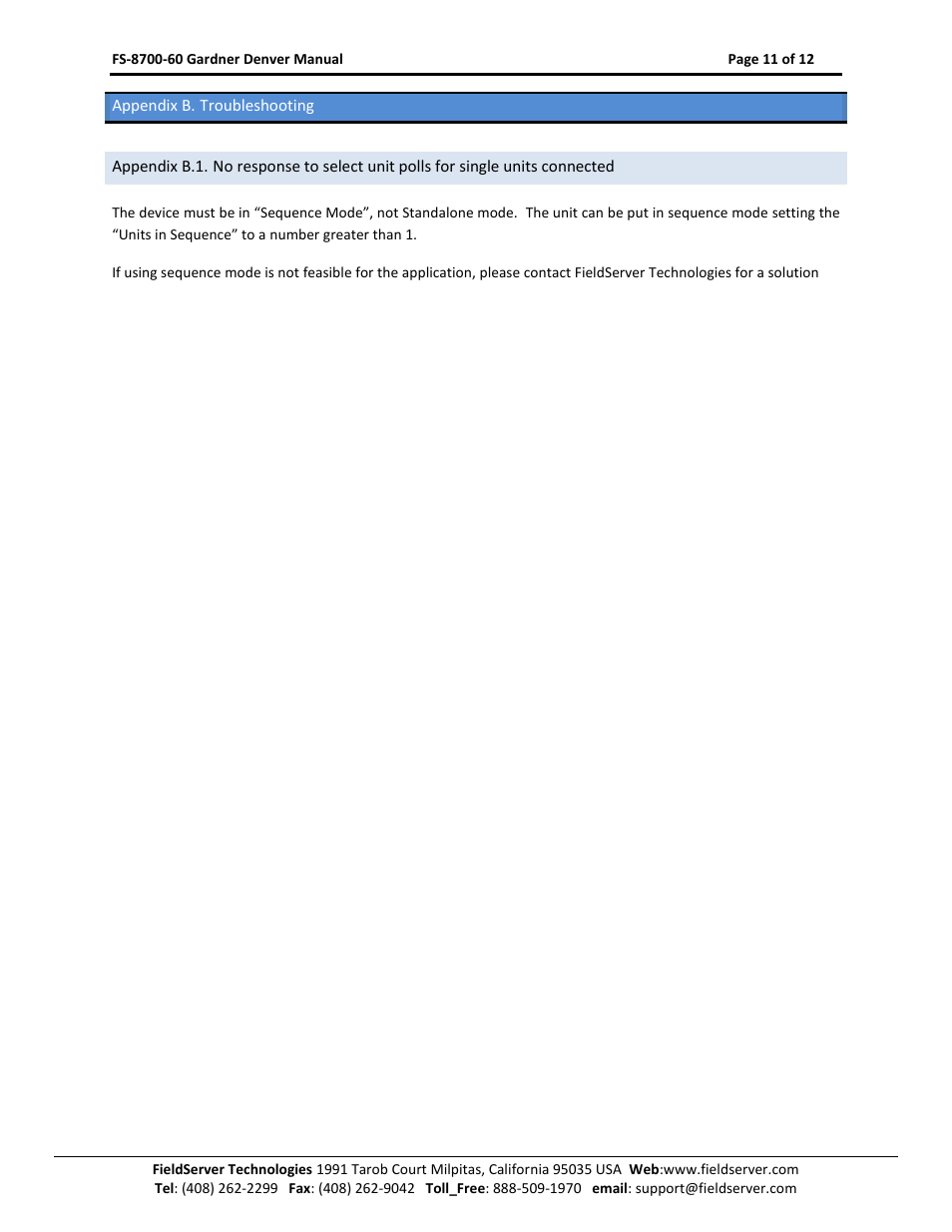 Appendix b. troubleshooting | FieldServer Gardner Denver FS-8700-60 User Manual | Page 11 / 12