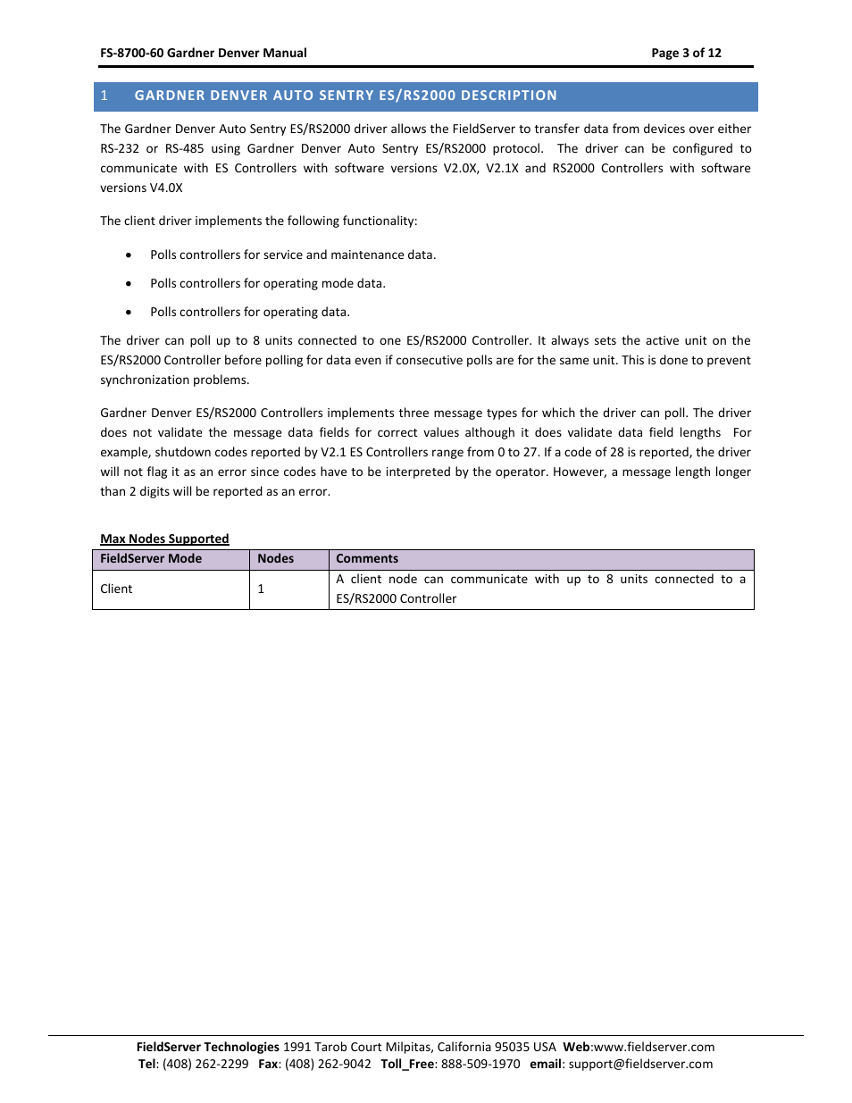 Gardner denver auto sentry es/rs2000 description | FieldServer Gardner Denver FS-8700-60 User Manual | Page 3 / 12