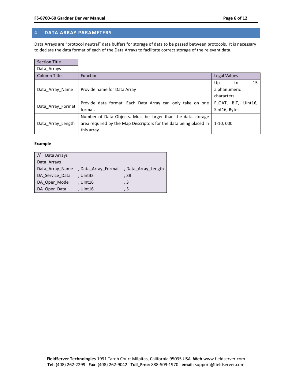 Data array parameters | FieldServer Gardner Denver FS-8700-60 User Manual | Page 6 / 12