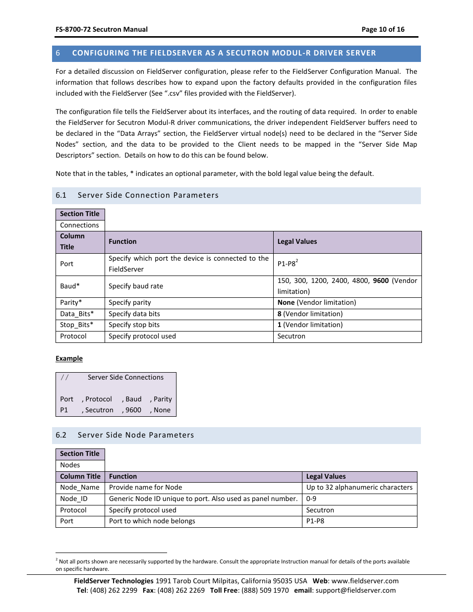 Server side connection parameters, Server side node parameters | FieldServer FS-8700-72 User Manual | Page 10 / 16