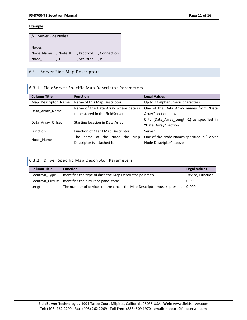 Server side map descriptors, Fieldserver specific map descriptor parameters, Driver specific map descriptor parameters | FieldServer FS-8700-72 User Manual | Page 11 / 16