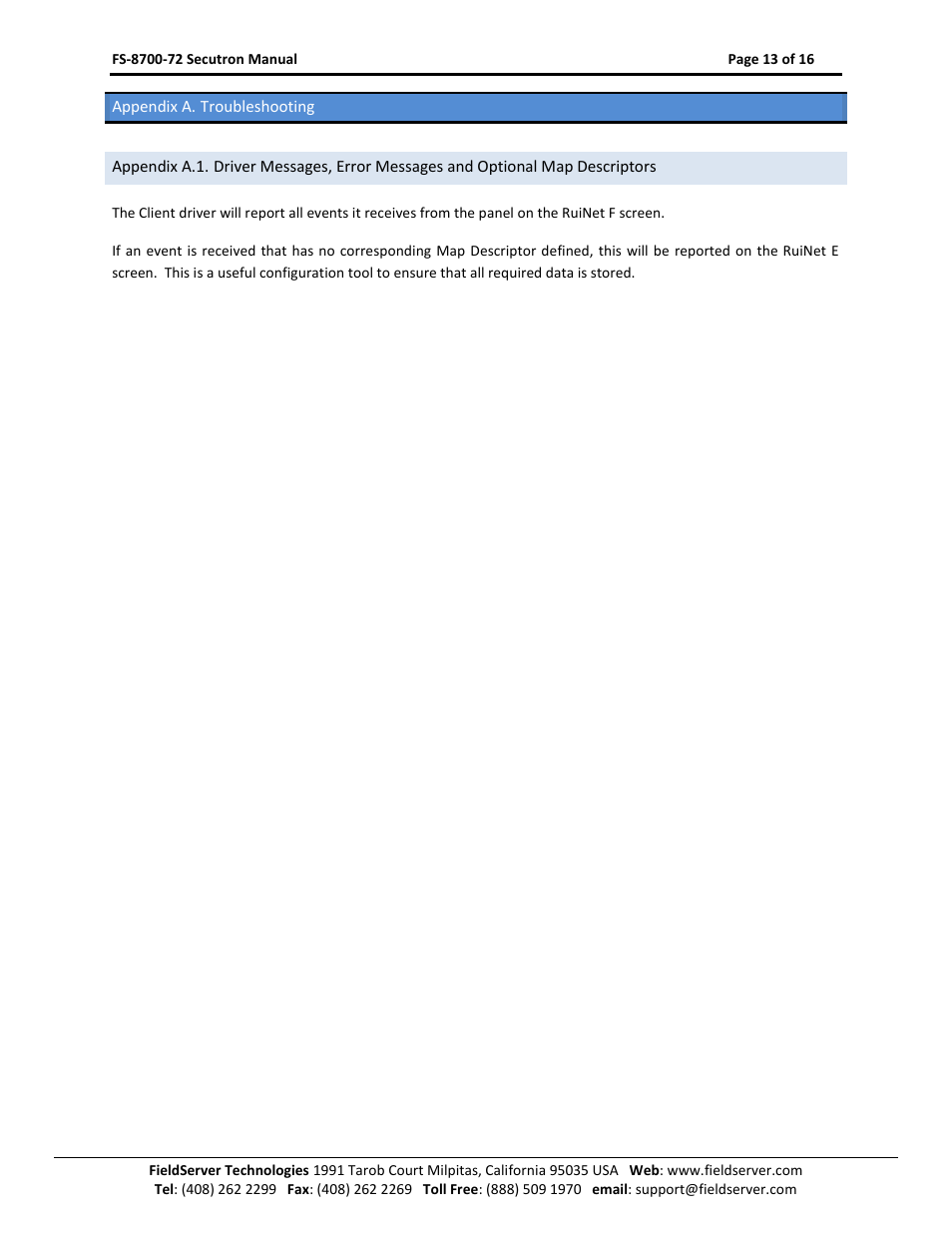 Appendix a. troubleshooting | FieldServer FS-8700-72 User Manual | Page 13 / 16