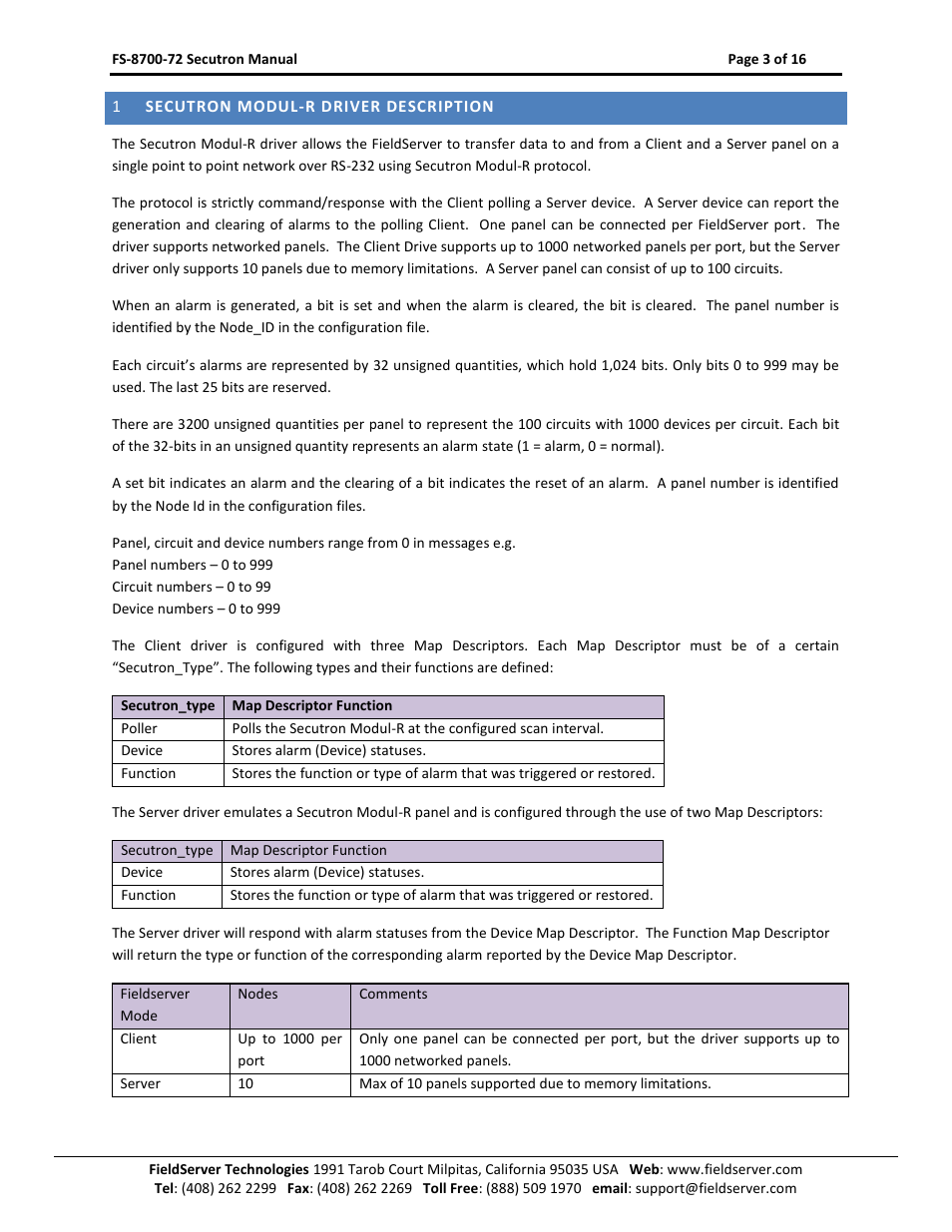 Secutron modul-r driver description | FieldServer FS-8700-72 User Manual | Page 3 / 16