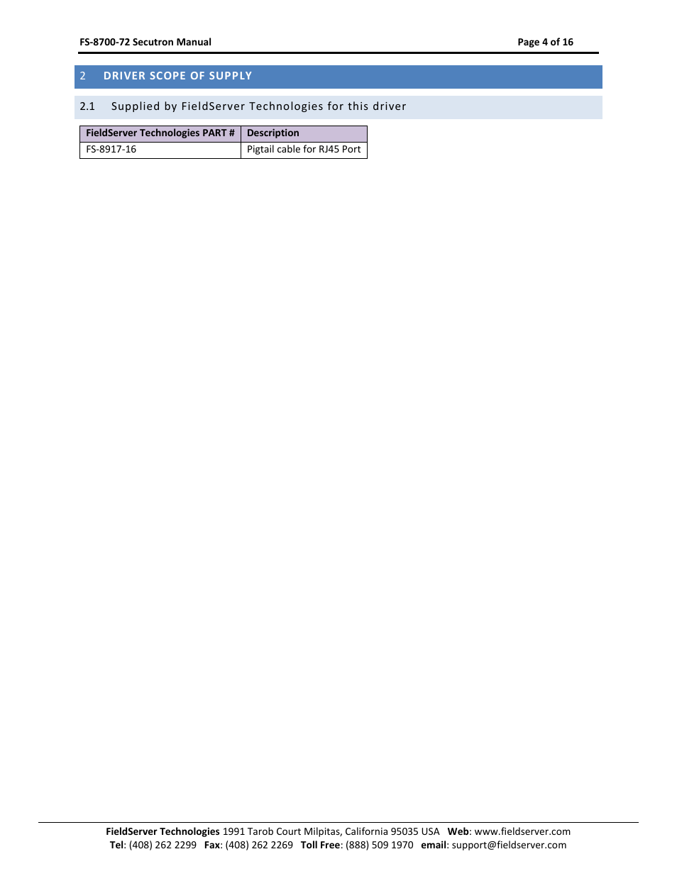 Driver scope of supply | FieldServer FS-8700-72 User Manual | Page 4 / 16