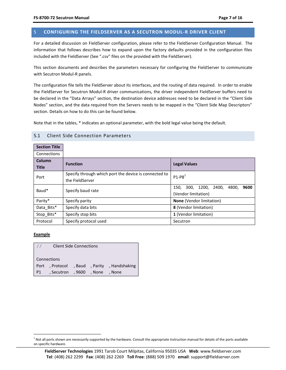 Client side connection parameters | FieldServer FS-8700-72 User Manual | Page 7 / 16