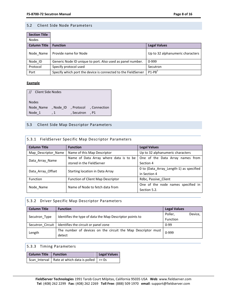 Client side node parameters, Client side map descriptor parameters, Fieldserver specific map descriptor parameters | Driver specific map descriptor parameters, Timing parameters | FieldServer FS-8700-72 User Manual | Page 8 / 16