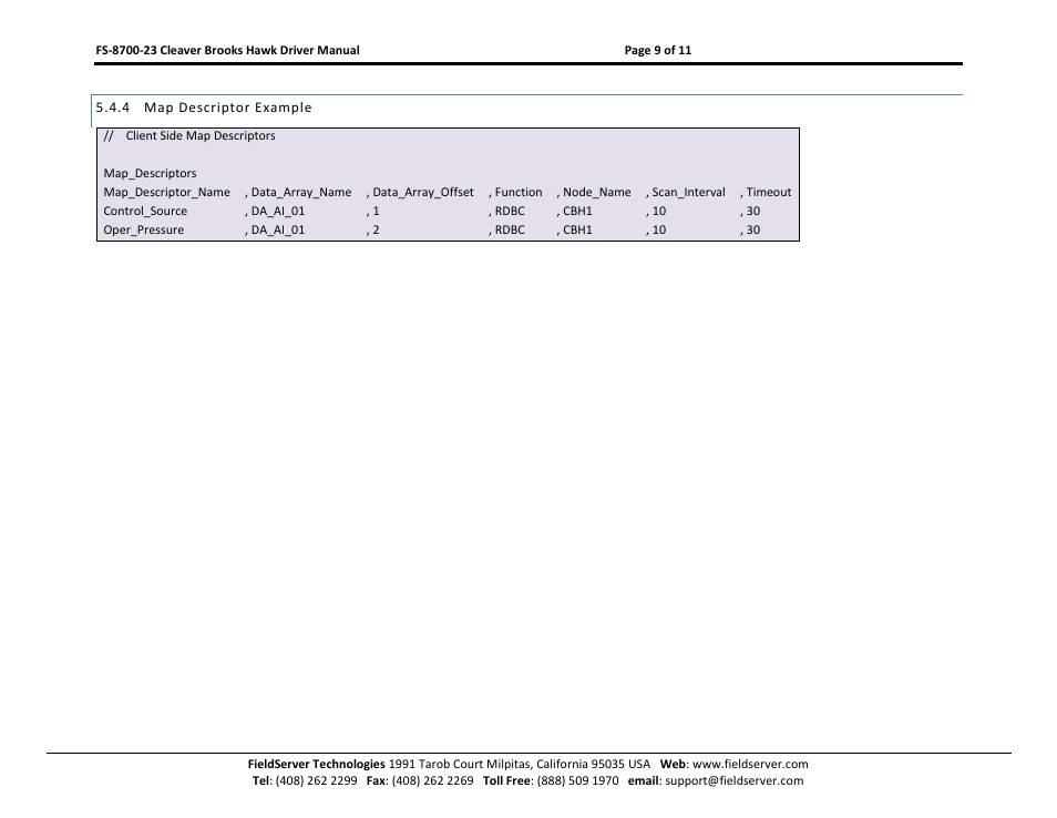 Map descriptor example | FieldServer FS-8700-23 User Manual | Page 9 / 11