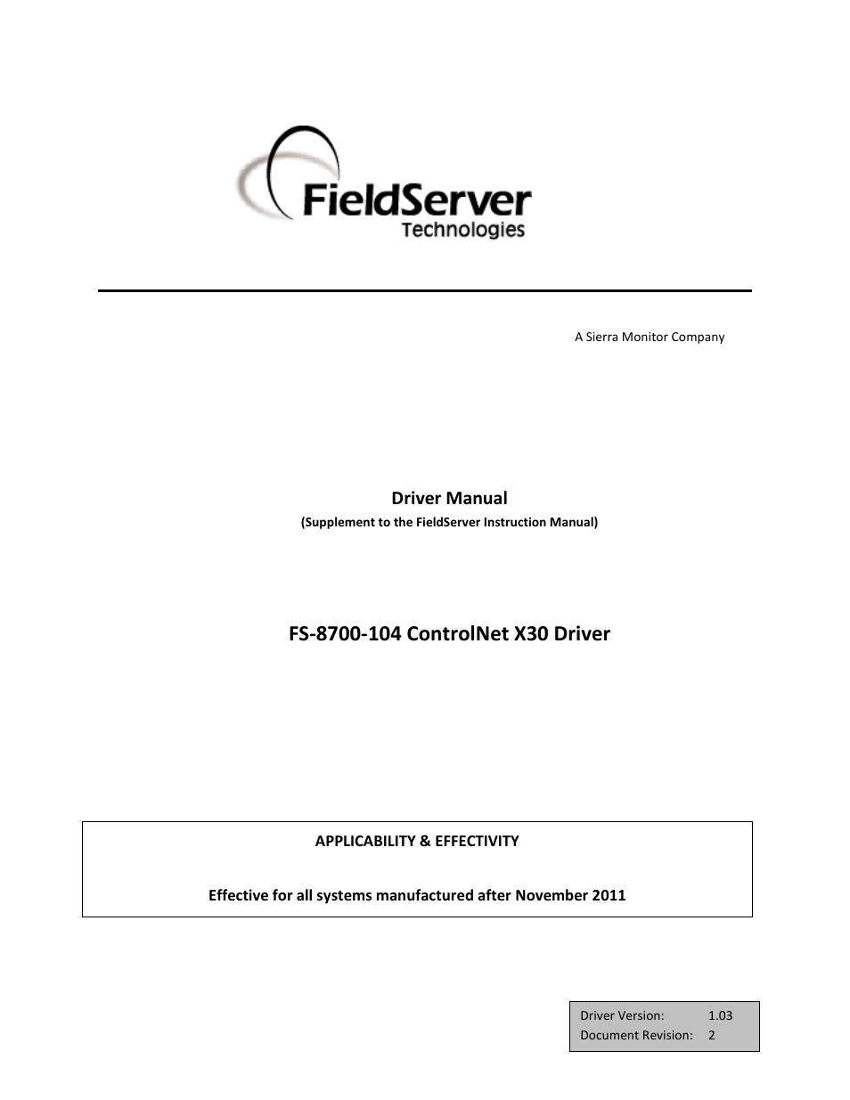 FieldServer ControlNet FS-8700-104 User Manual | 13 pages