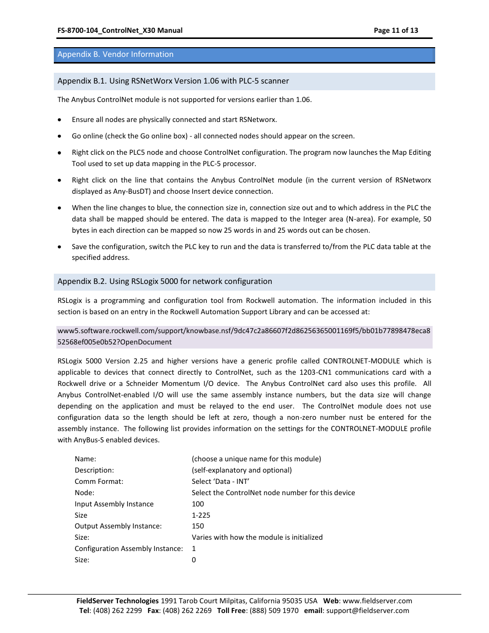 Appendix b. vendor information | FieldServer ControlNet FS-8700-104 User Manual | Page 11 / 13