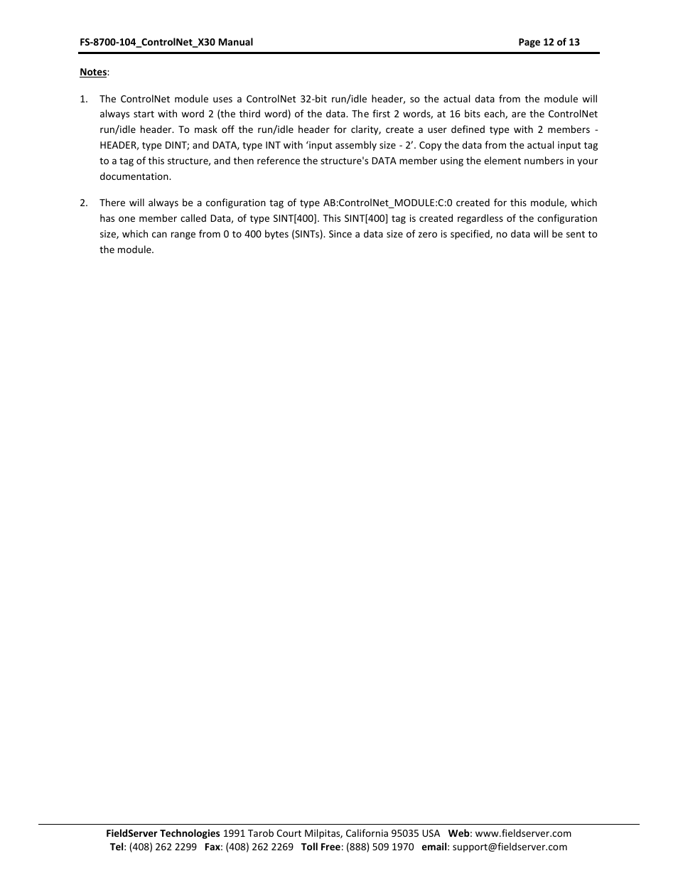 FieldServer ControlNet FS-8700-104 User Manual | Page 12 / 13