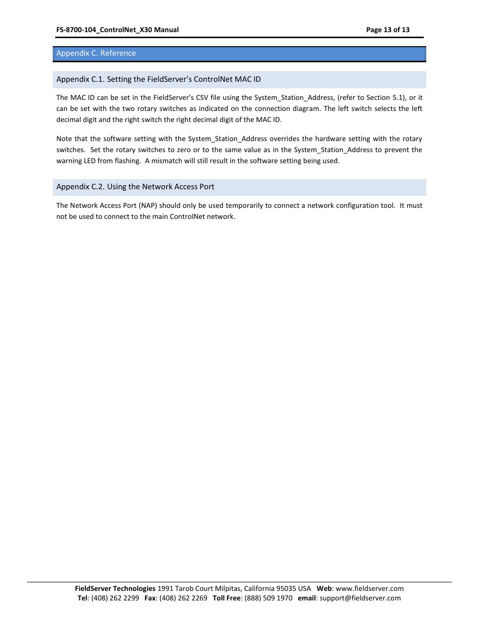 Appendix c. reference, Appendix c.2. using the network access port | FieldServer ControlNet FS-8700-104 User Manual | Page 13 / 13