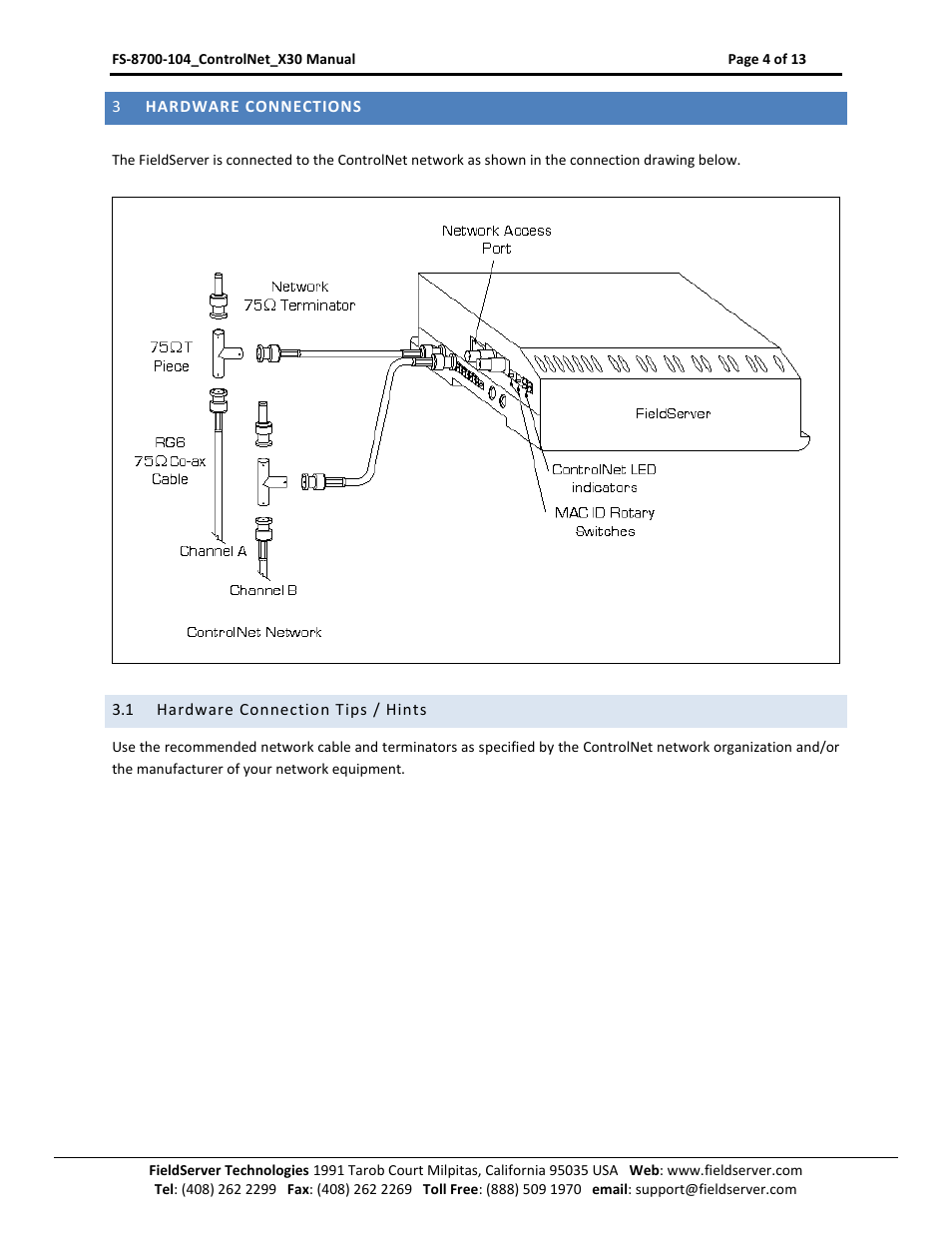 Hardware connections, Hardware connection tips / hints | FieldServer ControlNet FS-8700-104 User Manual | Page 4 / 13