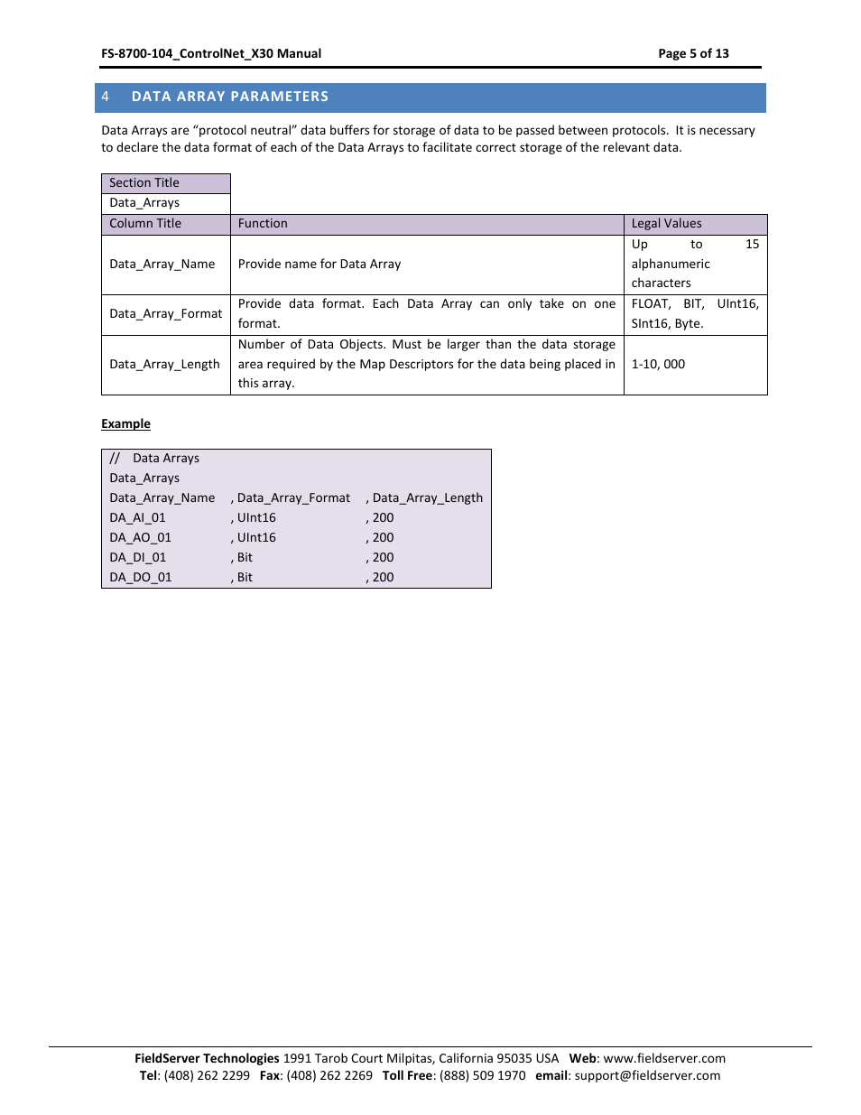 Data array parameters | FieldServer ControlNet FS-8700-104 User Manual | Page 5 / 13
