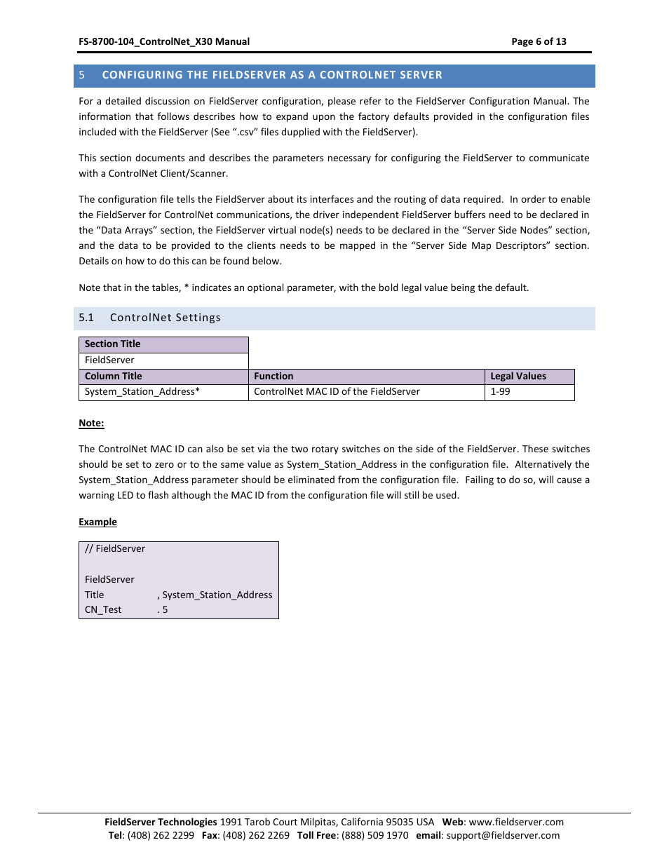 Configuring the fieldserver as a controlnet server, Controlnet settings | FieldServer ControlNet FS-8700-104 User Manual | Page 6 / 13