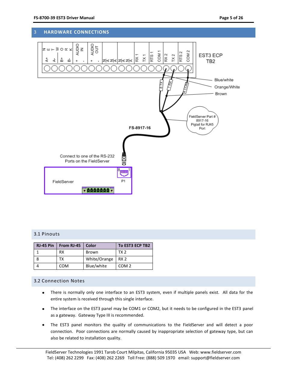 Hardware connections, 1 pinouts, 2 connection notes | FieldServer FS-8700-39 User Manual | Page 5 / 26