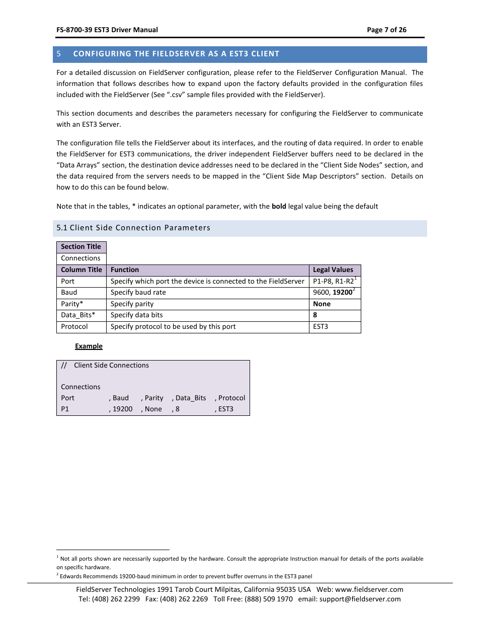 Configuring the fieldserver as a est3 client, 1 client side connection parameters | FieldServer FS-8700-39 User Manual | Page 7 / 26