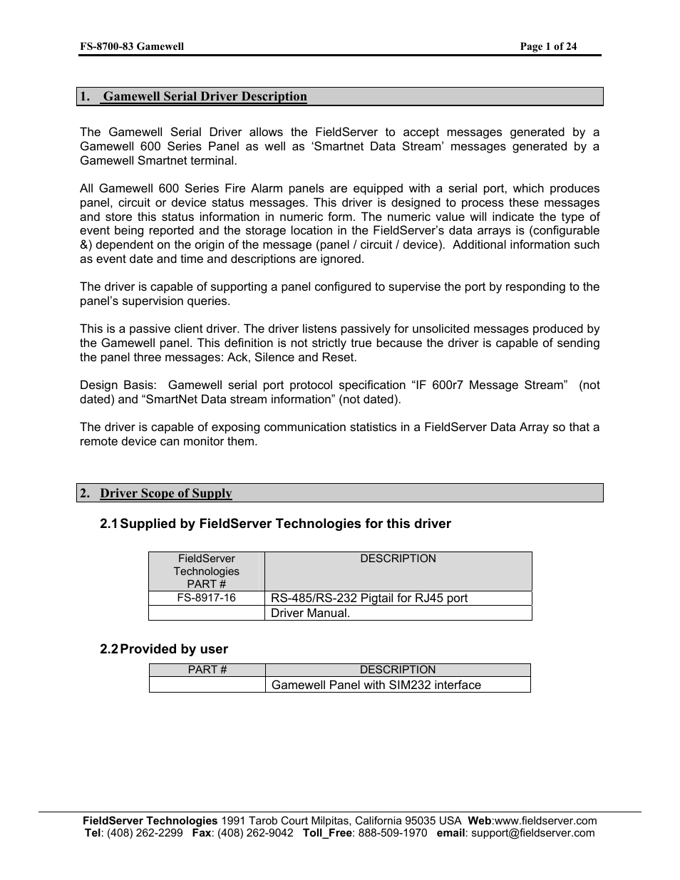 FieldServer Gamewell FS-8700-83 User Manual | Page 3 / 24