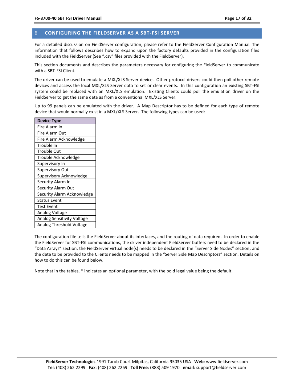 Configuring the fieldserver as a sbt-fsi server | FieldServer FS-8700-40 User Manual | Page 17 / 32