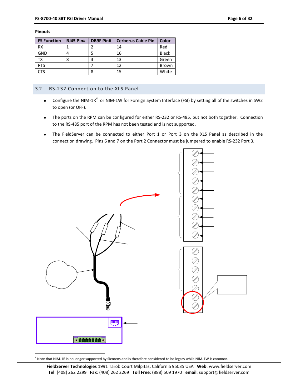 Rs-232 connection to the xls panel, 2 rs-232 connection to the xls panel | FieldServer FS-8700-40 User Manual | Page 6 / 32