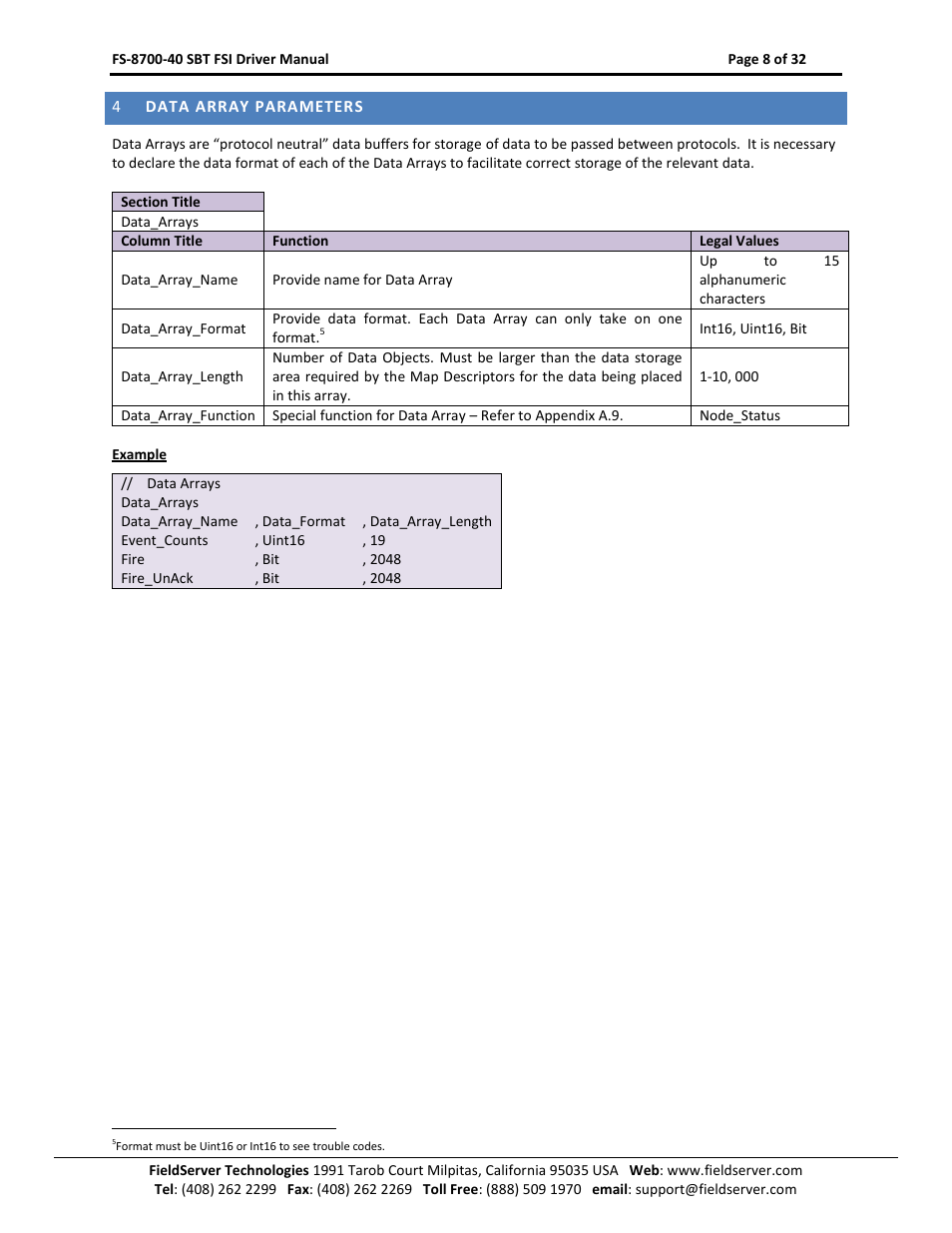 Data array parameters | FieldServer FS-8700-40 User Manual | Page 8 / 32